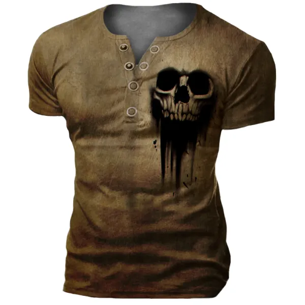 Men's Retro Casual Skull Tactical Henley T-shirt - Wayrates.com 