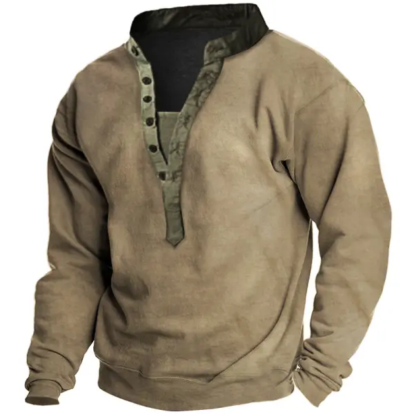 Men's Outdoor Vintage Contrast Color Henley Collar Sweatshirt - Wayrates.com 