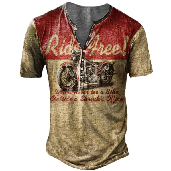 Men's Vintage Motorcycle Short Sleeve Henley Collar T-Shirt Only $19.99 - Cotosen.com 