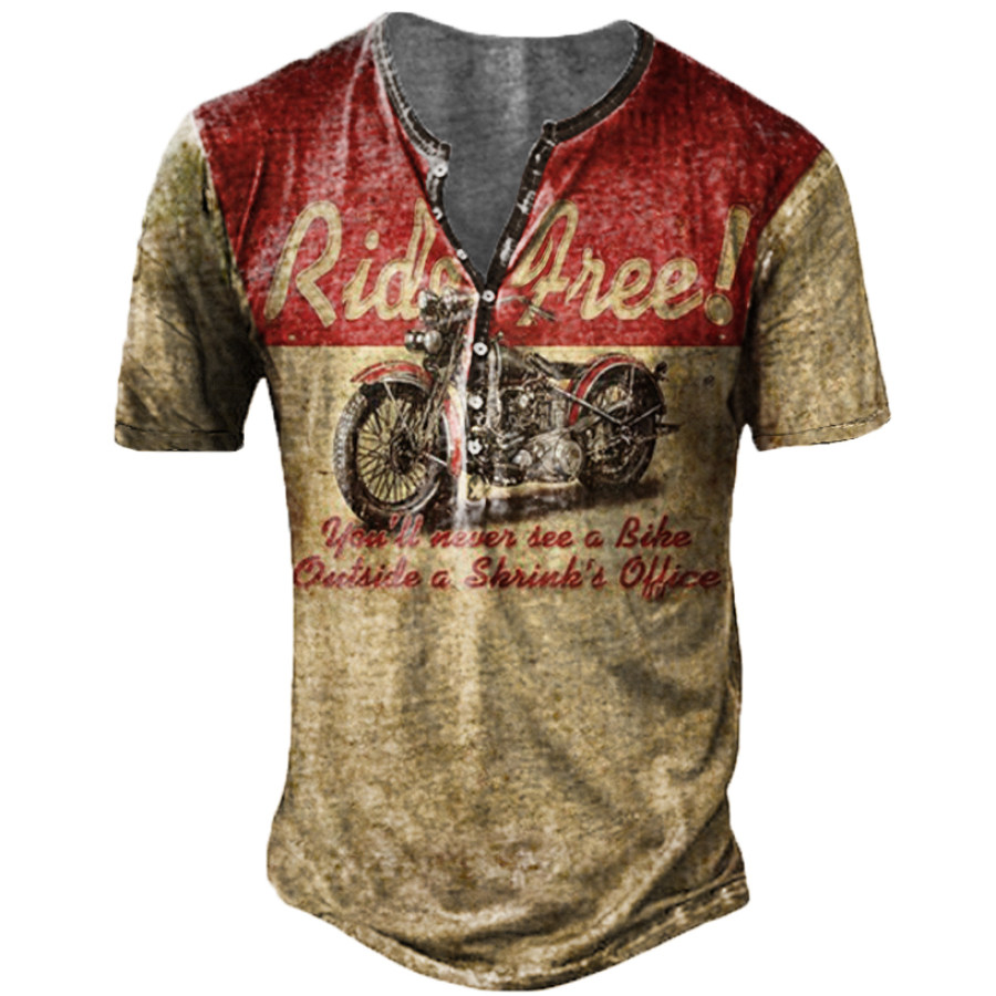 

Men's Vintage Motorcycle Short Sleeve Henley Collar T-Shirt