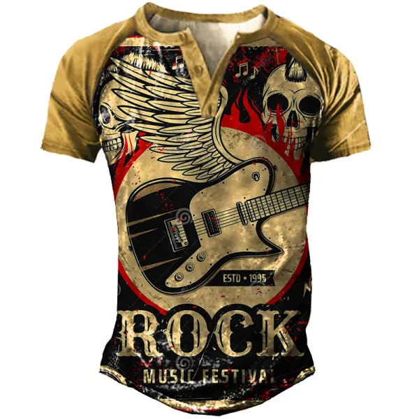 Men's Outdoor Vintage Rock Guitar Skull Henley Collar T-Shirt - Elementnice.com 