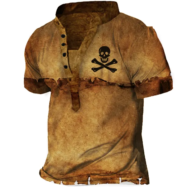 Pirate Skull Men's Vintage Print Henley Short Sleeve T-Shirt Only $25.89 - Wayrates.com 