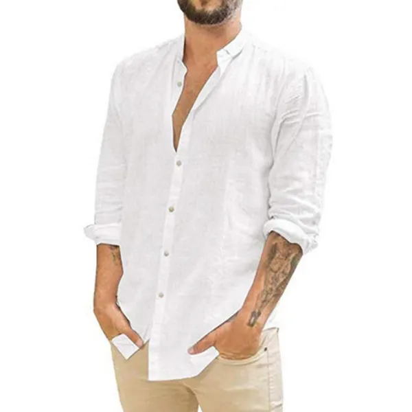 Men's Loose Linen Solid Color Casual Stand Collar Long Sleeve Shirt - Keymimi.com 