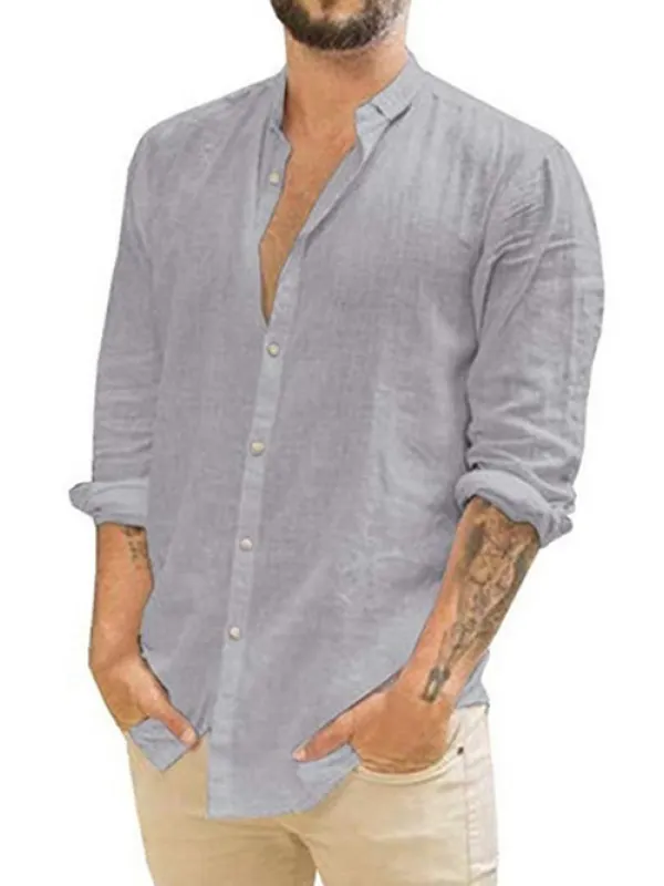 Men's Loose Linen Solid Color Casual Stand Collar Long Sleeve Shirt - Sunshinetip.com 