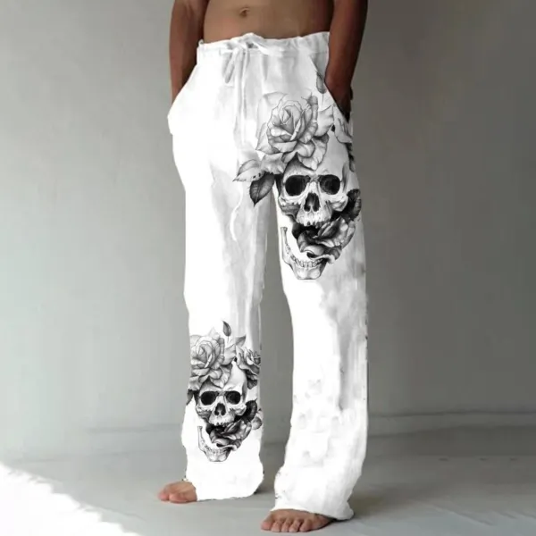 Men's Casual Loose Skull Print Cotton Linen Trousers - Upgradecool.com 