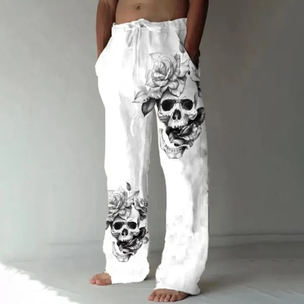 Men's Casual Loose Skull Print Cotton Linen Trousers - Wayrates.com 