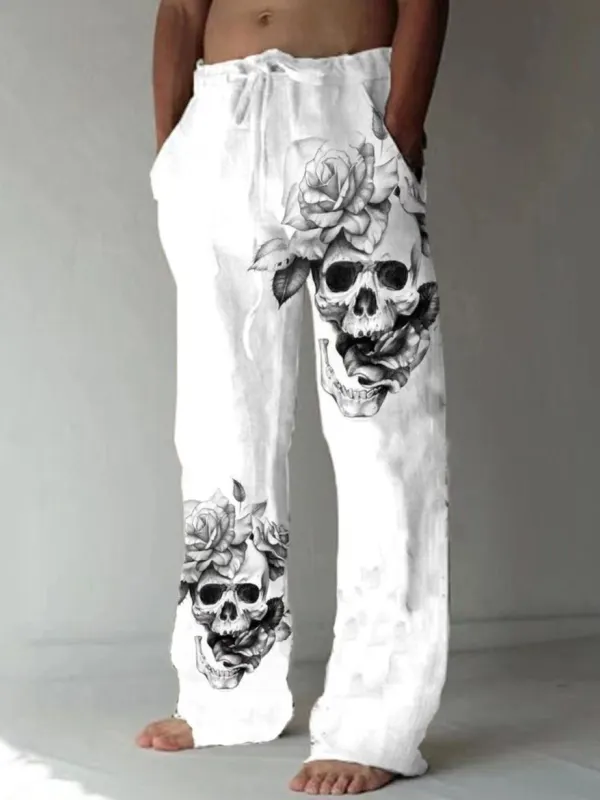 Men's Casual Loose Skull Print Cotton Linen Trousers - Pragmaace.com 