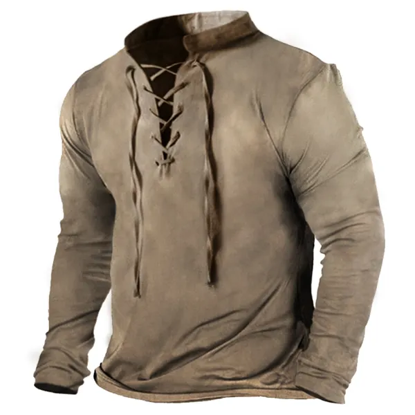 Medieval Gothic Cross Tie Collar Men's Vintage Print Casual Long Sleeve T-Shirt Only $28.89 - Wayrates.com 