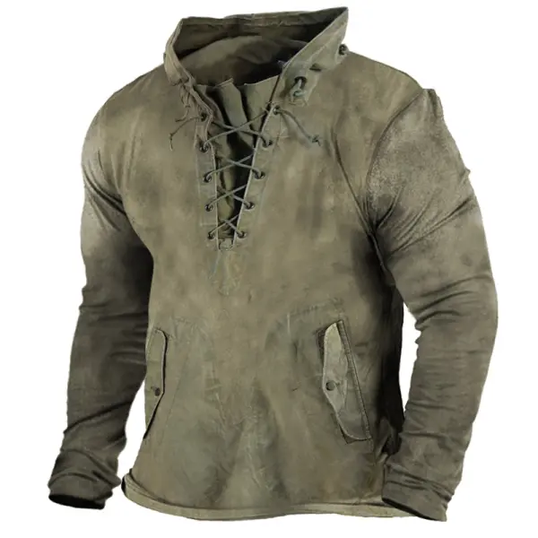 Men's Vintage Outdoor Tactical Lace-Up Hooded T-Shirt - Elementnice.com 