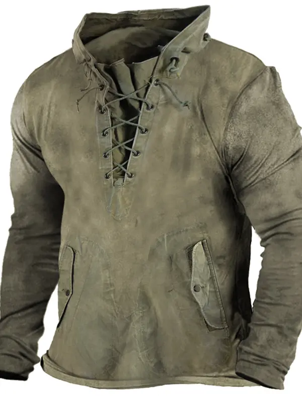 Men's Vintage Outdoor Tactical Lace-Up Hooded T-Shirt - Menwyx.com 