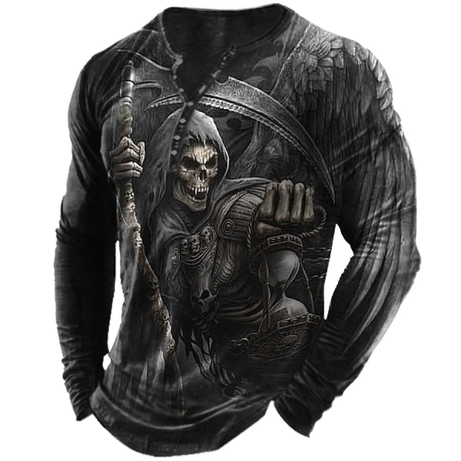 

Men's Vintage Dark Skull Print Halloween Henley Collar Long Sleeves T-shirt