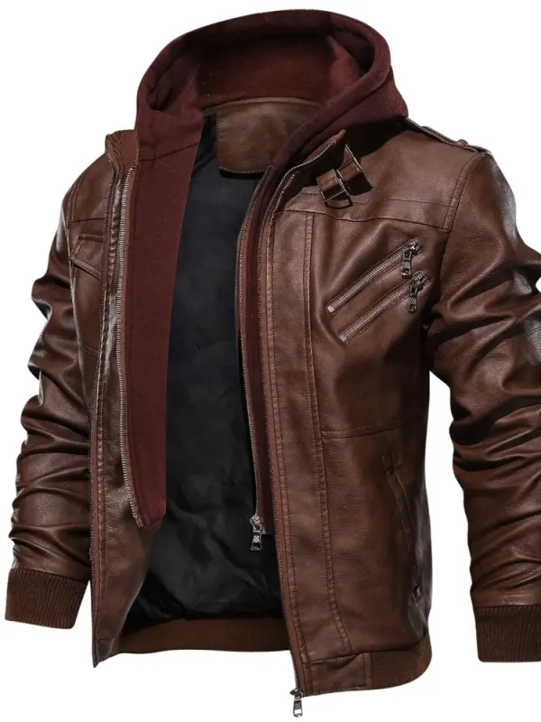 Men's Leather Hoodie Jacket Windproof Thick Warm Active Coat Full Zip 