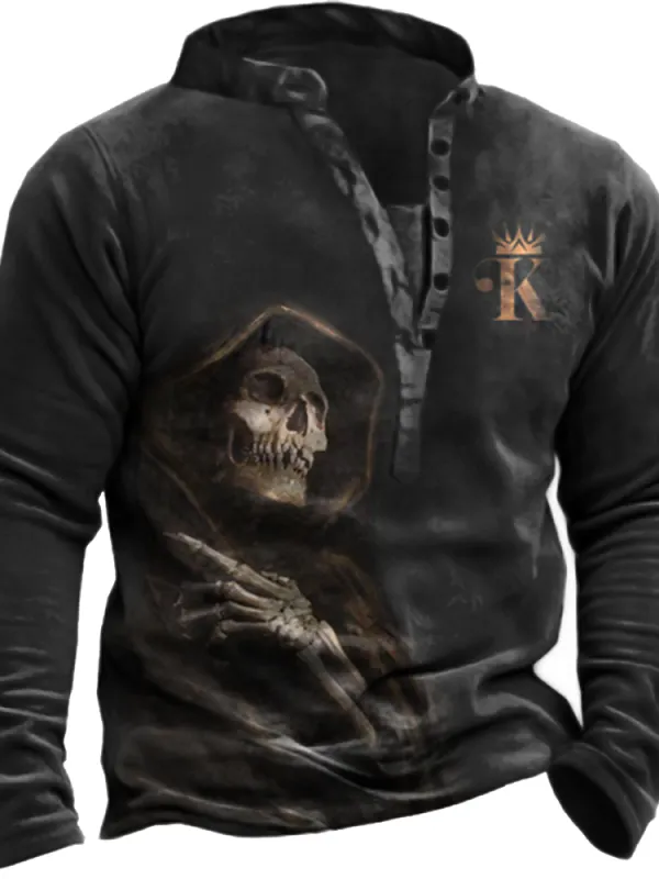 King Men's Crown Skull Reaper Print Long Sleeve Henry Henley Collar Sweatshirt - Pragmaace.com 