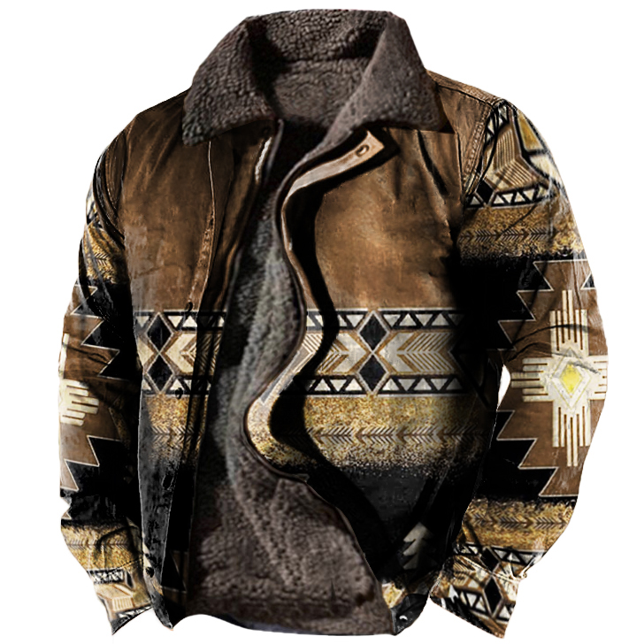Men's Vintage Ethnic Print Fleece Zipper Tactical Shirt Jacket Only 67