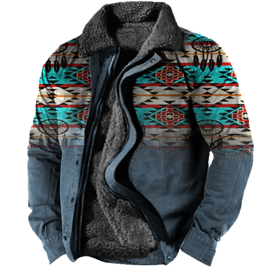 

Men's Vintage Ethnic Print Fleece Zip-Up Jacket
