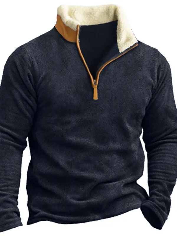 Men's Zip Collar Fleece Lamb Wool Thermal Sweatshirt - Pragmaace.com 