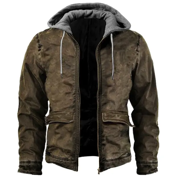 Men's Retro Outdoor Warm Tactical Hooded Panel Denim Jacket - Wayrates.com 