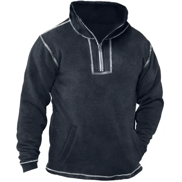 Men's Retro Contrast Pocket Zip Turtleneck Sweatshirt - Cotosen.com 