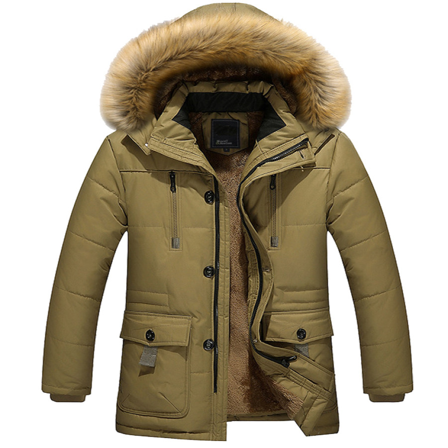 

Men's Winter Mid-length Fleece Thickened Windproof Warm Hooded Down Jacket