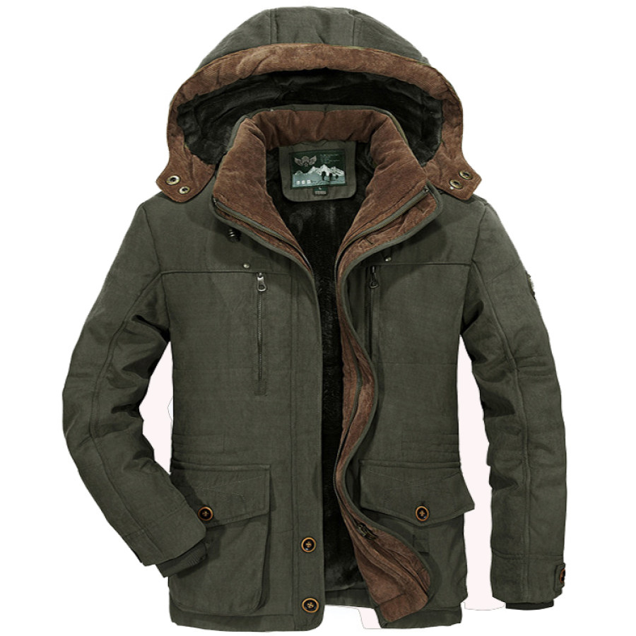 

Men's Winter Mid-length Fleece Thickened Windproof Warm Hooded Down Jacket