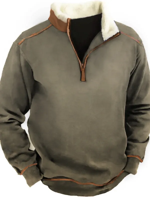 Men Vintage Zipper Stand Collar Sweatshirt - Pragmaace.com 