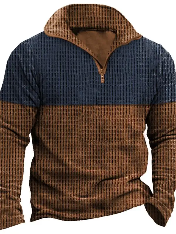 Men's Vintage Waffle Color Contrast Quarter Zip Sweatshirt - Menwyx.com 