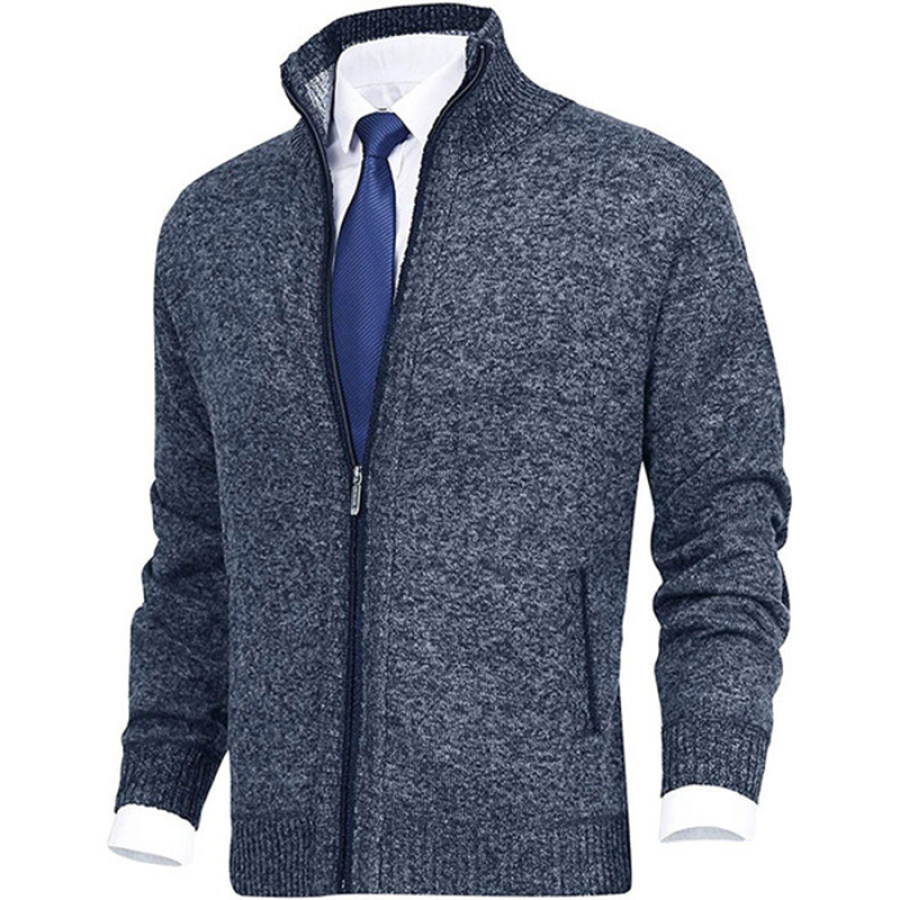 

Men's Solid Color Fashion Stand Collar Knitted Sweater Jacket