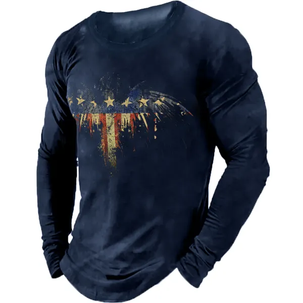 Men's Vintage American Flag Round Neck Long Sleeve T-Shirt Only 768.89₽ - Wayrates.com 