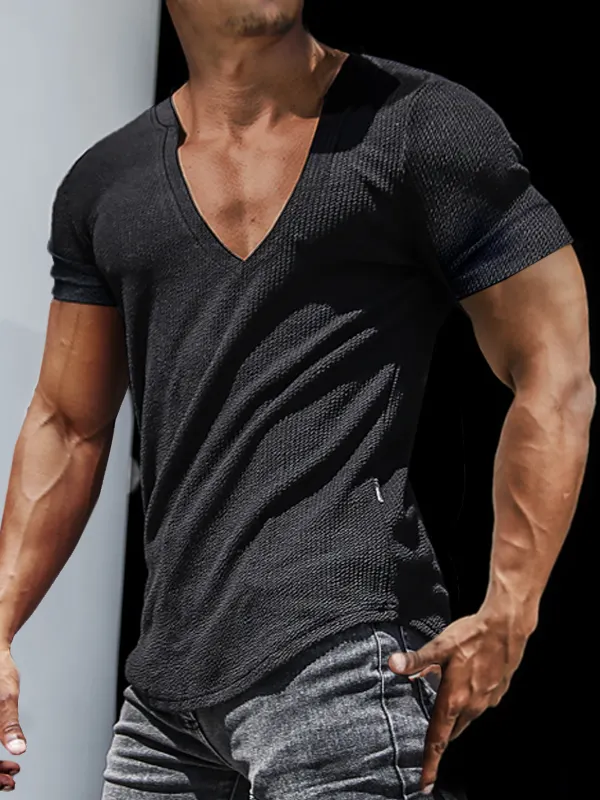 Men's Casual Slim Short Sleeve T-Shirt Sports Fitness Running V Neck Tops - Sunshinenice.com 