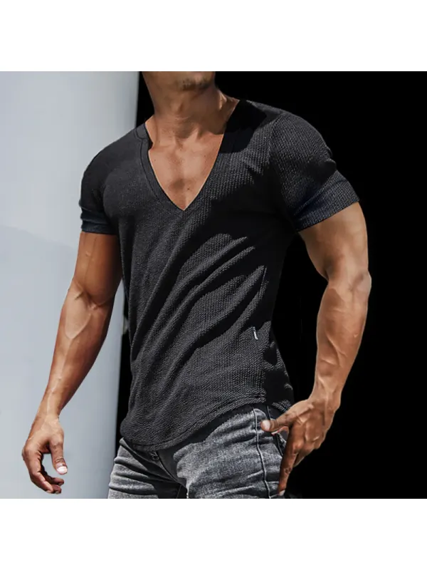 Men's Casual Slim Short Sleeve T-Shirt Sports Fitness Running V Neck Tops - Spiretime.com 