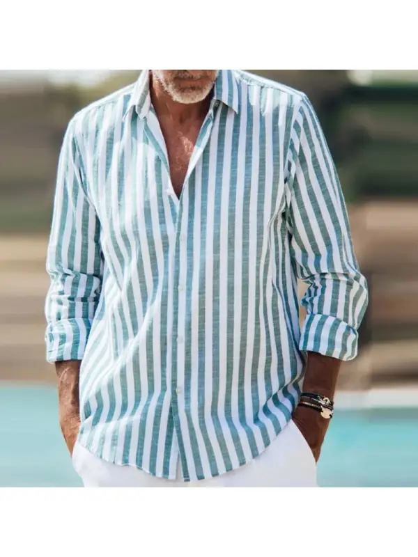Men's Cotton Linen Vintage Stripe Chest Pocket Long Sleeve Shirt - Machoup.com 