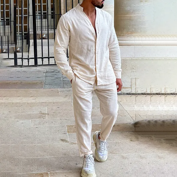 Men's Casual Loose Cotton Linen Breathable Long-sleeved Trousers Suit - Keymimi.com 