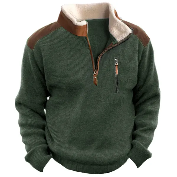 Men's Knitted Sweatshirt Retro Outdoor 1/4 Collar 1/4 Zip Tactical Knit Pullover Sweatshirt - Dozenlive.com 