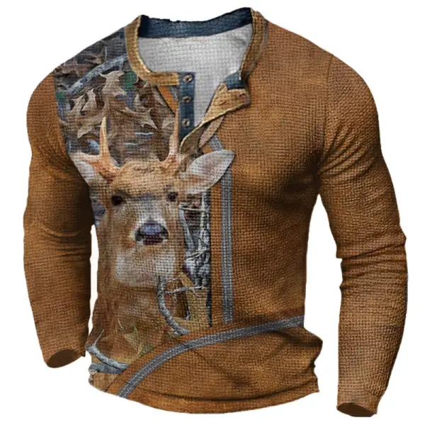 Men's Outdoor Elk Print Henley Hunting Long Sleeve T-Shirt Only $28.89 - Wayrates.com 