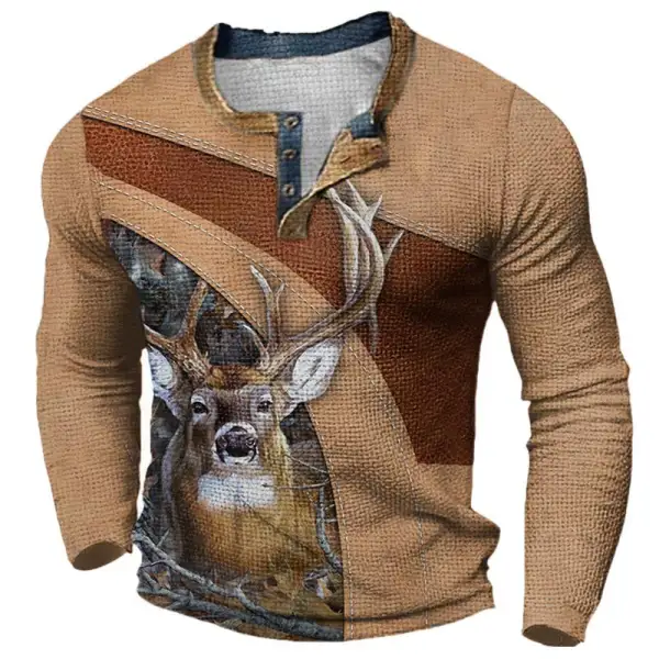 Men's Outdoor Elk Print Henley Hunting Long Sleeve T-Shirt Only $28.89 - Wayrates.com 