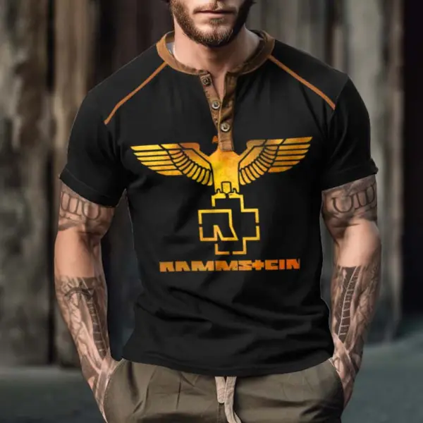 Men's Vintage Rammstein Rock Band Color Block Print Henley Short Sleeve T-Shirt - Wayrates.com 