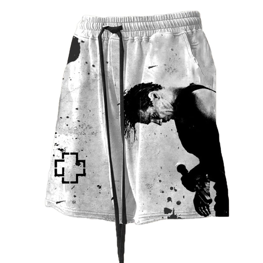 

Men's Vintage Rammstein Rock Band Print Drawstring Distressed Casual Shorts