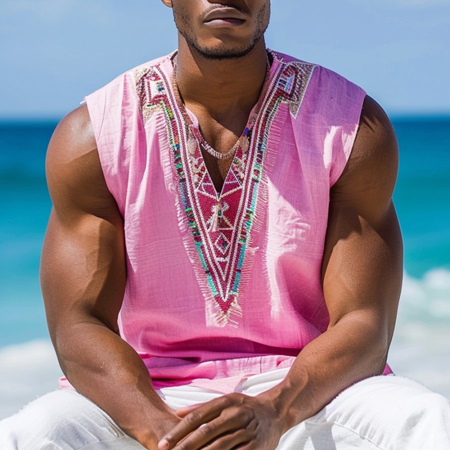 

Men's V Neck Ethnic Linen Vest