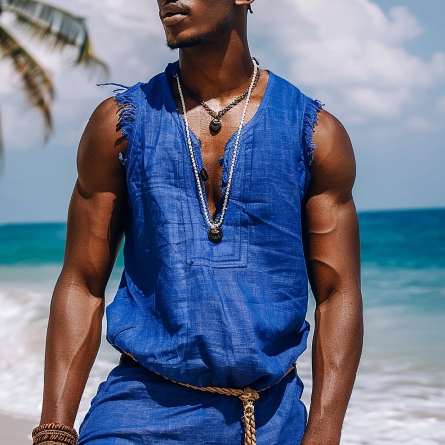 

Men's V-neck Linen Vest