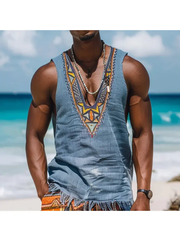 Men's V Neck Ethnic Linen Vest - Minicousa.com 