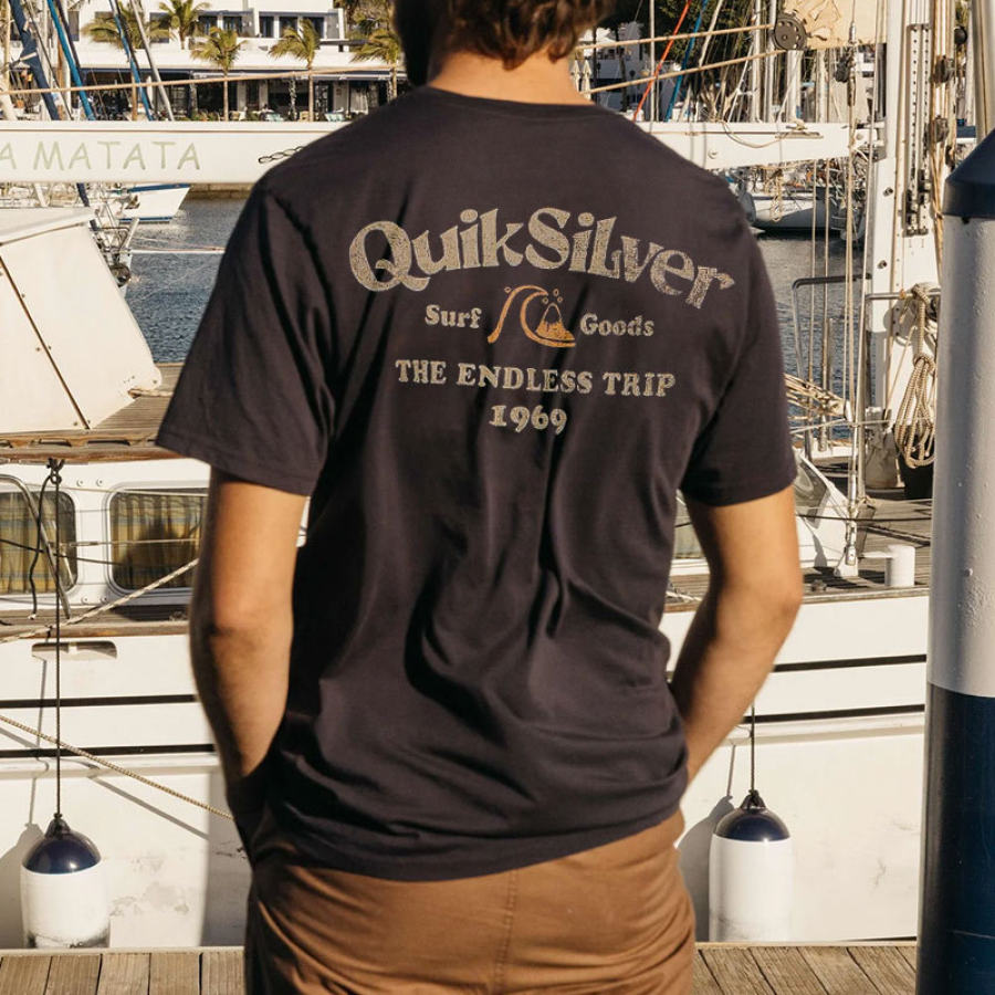

Men's Quiksilver T-Shirt Retro Surf Print Beach Vacation Casual Tee Black