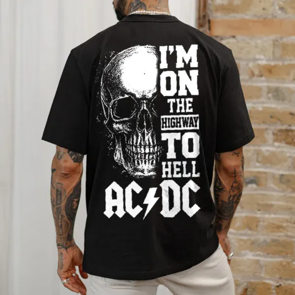 Men's Oversize Acdc Rock Skull Head Vintage Print T-shirt - Wayrates.com 