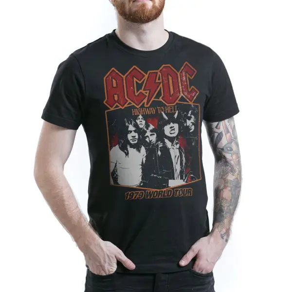 Men's Vintage ACDC Highway To Hell 1979 World Tour Rock Band Print Daily Short Sleeve Crew Neck T-Shirt - Wayrates.com 