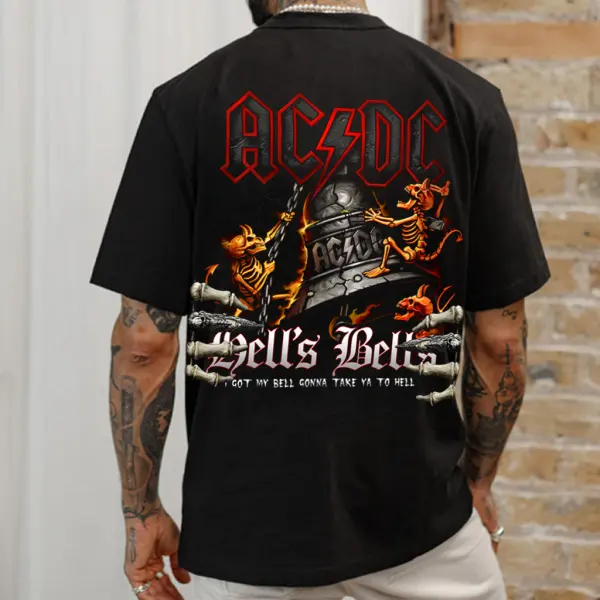 Men's Vintage Hells Bells ACDC Devil Skull Print Crew Neck T-Shirt - Wayrates.com 