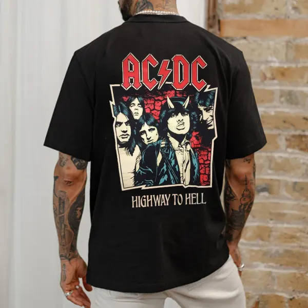 Men's Vintage Hells Bells ACDC Devil Skull Print Crew Neck T-Shirt - Wayrates.com 