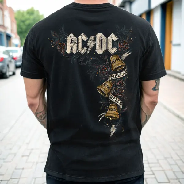 Men's Vintage Hells Bells ACDC Devil Skull Print Crew Neck T-Shirt - Wayrates.com 