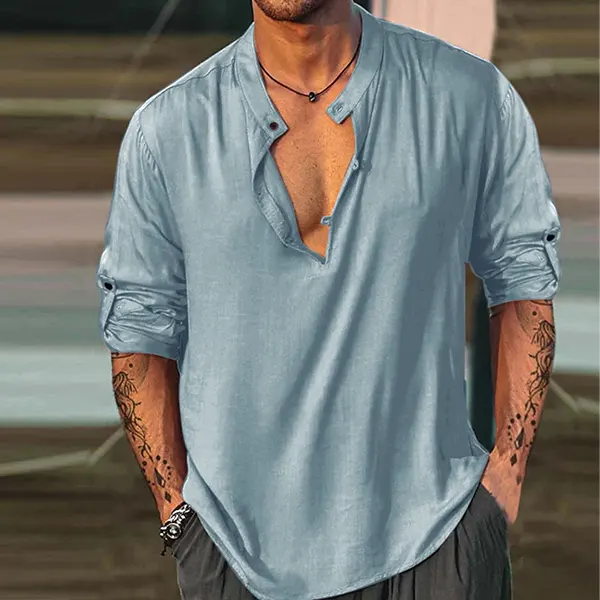 Men's Linen Shirt Henley Henry Stand Collar Casual Outdoor Shirt Long Sleeve Plain Collar Casual Hawaiian Clothing - Ootdyouth.com 