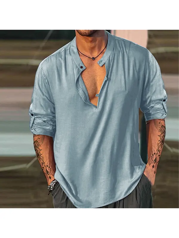 Men's Linen Shirt Henley Henry Stand Collar Casual Outdoor Shirt Long Sleeve Plain Collar Casual Hawaiian Clothing - Aptkoi.com 