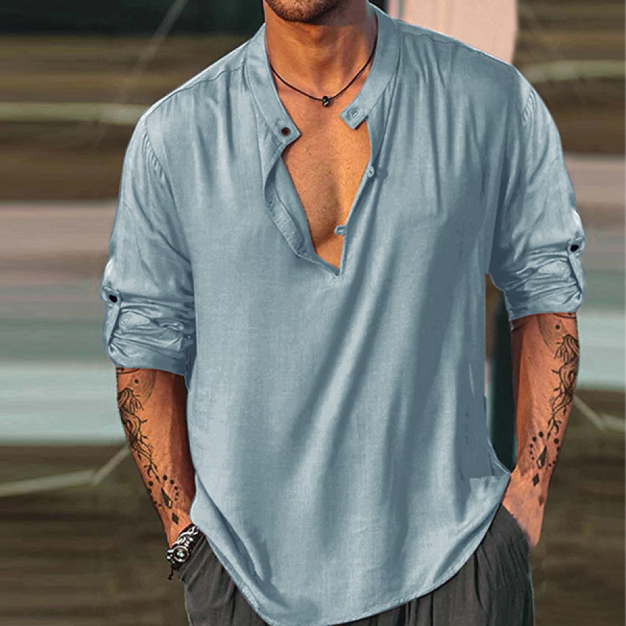 

Men's Linen Shirt Henley Henry Stand Collar Casual Outdoor Shirt Long Sleeve Plain Collar Casual Hawaiian Clothing