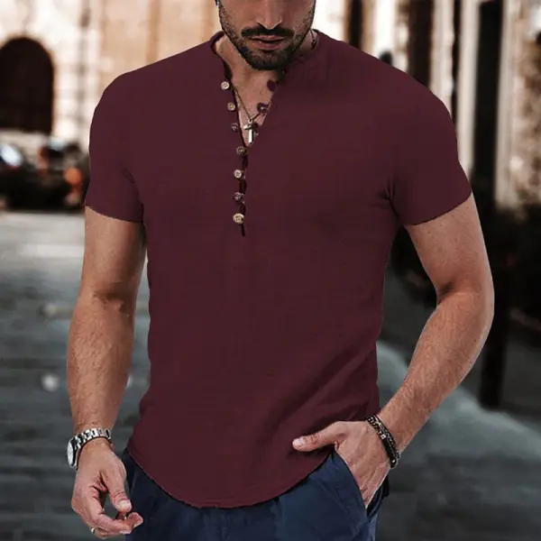 Men's Linen Shirt Boutton Henley Casual Outdoor Shirt Short Sleeve Plain Collar Casual Hawaiian Clothing - Wayrates.com 
